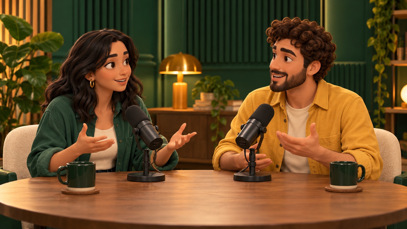 Illustrated sample of two people recording a podcast